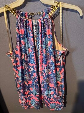 Lilly Pulitzer Pink, Blue & Purple Floral Halter with Gold Chain